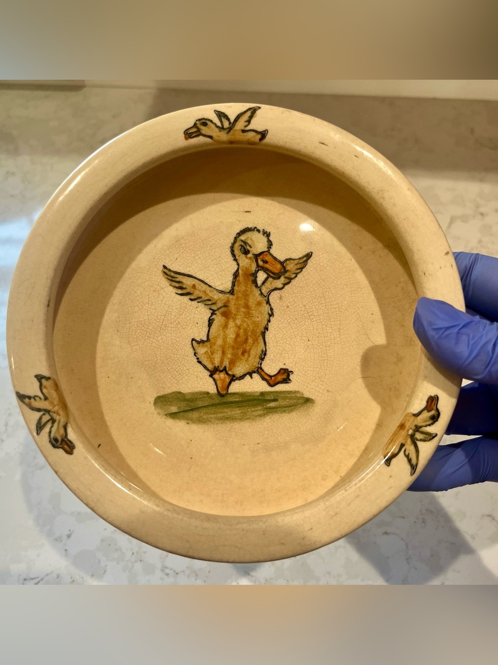 ANTIQUE WELLER POTTERY BABY BOWL, JUVENILE ZONA DUCK